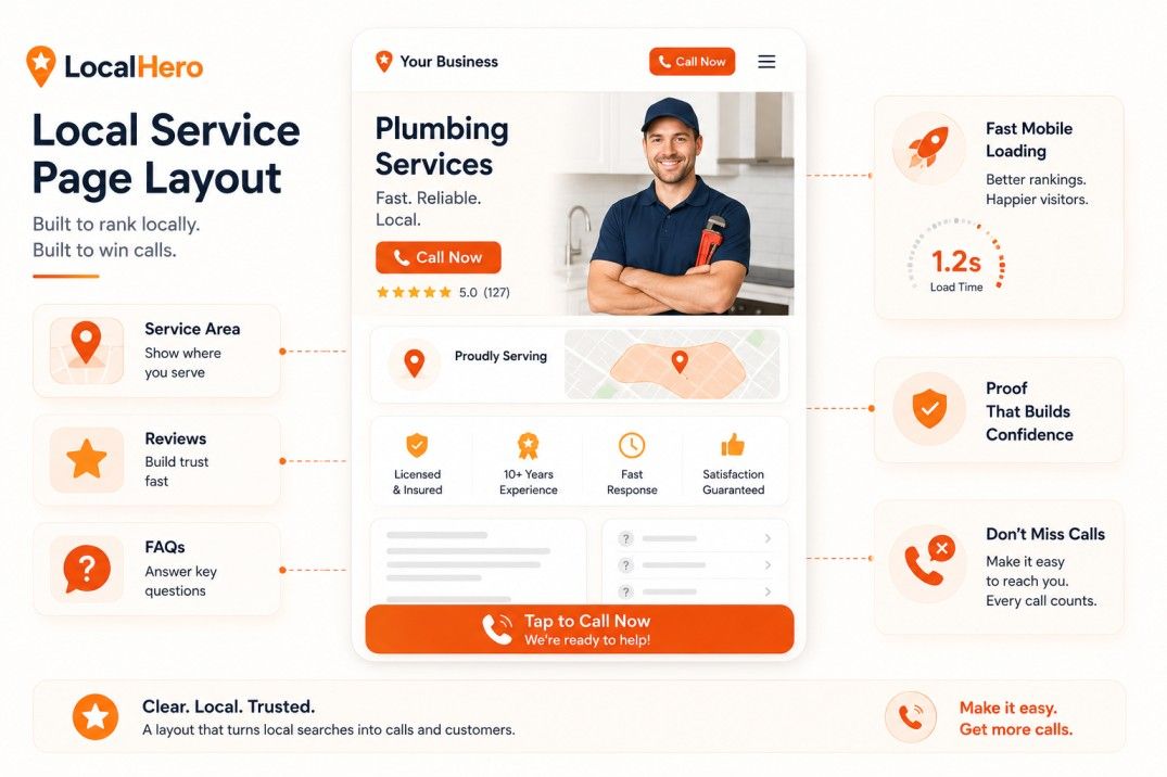 Local service page SEO layout showing service area, reviews, FAQs, proof cards, fast mobile loading, and tap-to-call button