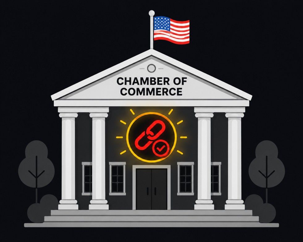 Illustration of a Chamber of Commerce building with a backlink badge showing how to earn a free local SEO backlink