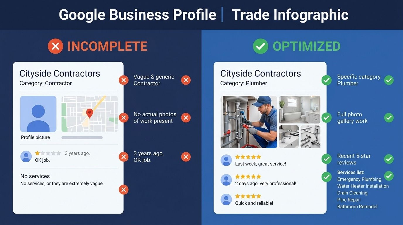 Fully optimized Google Business Profile for a plumbing company showing services photos and reviews