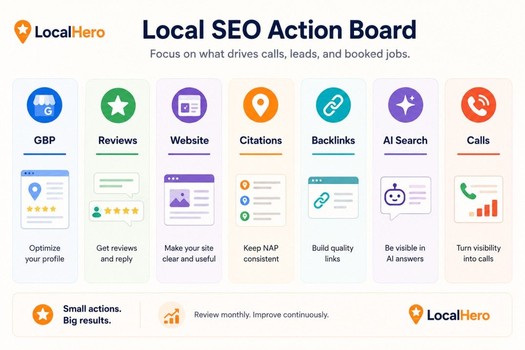 Local SEO action board with GBP, reviews, website, citations, backlinks, AI search, and calls columns