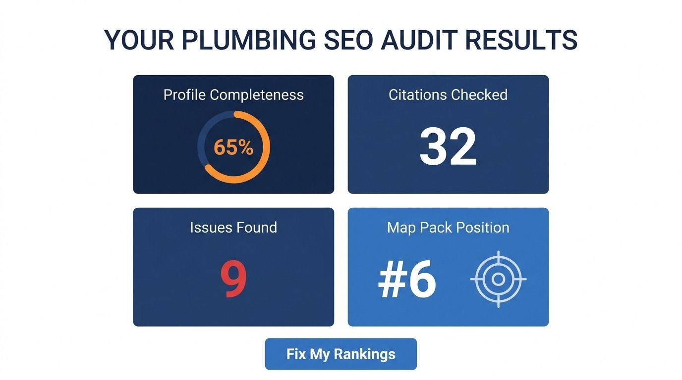 Free LocalHero local SEO audit card for plumbing companies showing profile and citation review