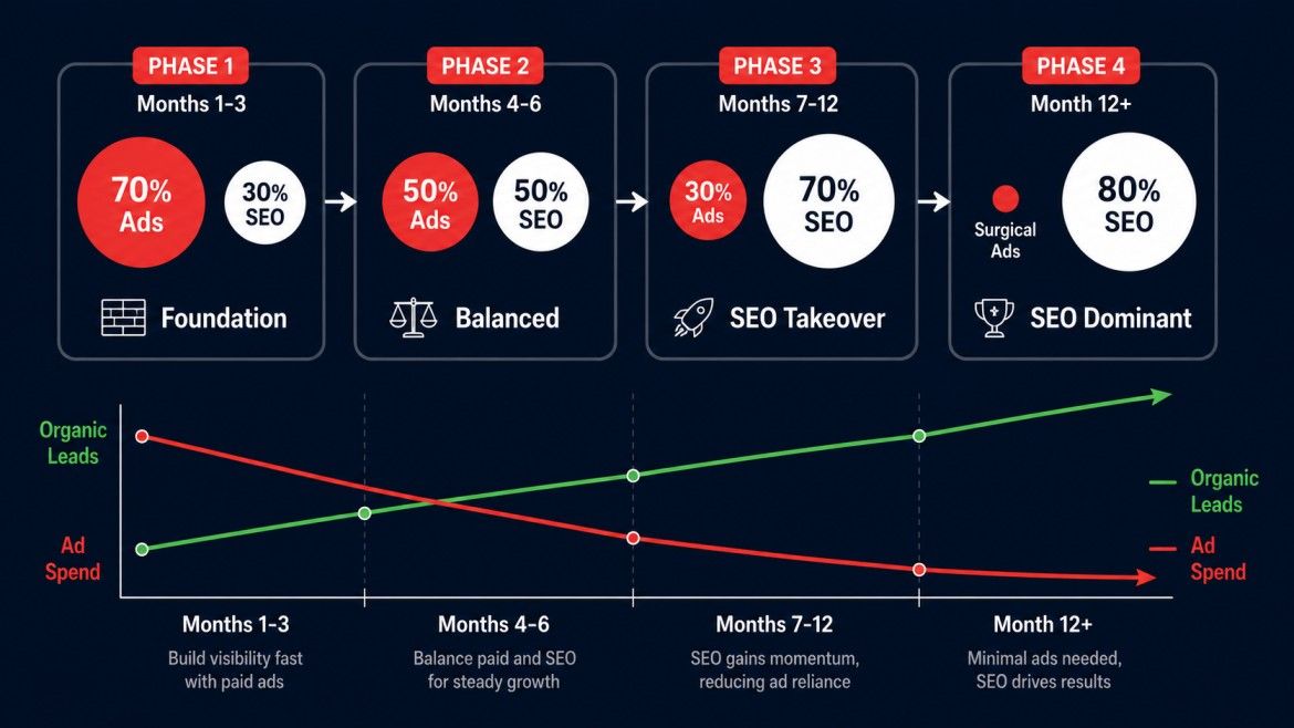 Four-phase hybrid strategy timeline showing budget shifting from 70 percent Google Ads to 80 percent local SEO over 12 months