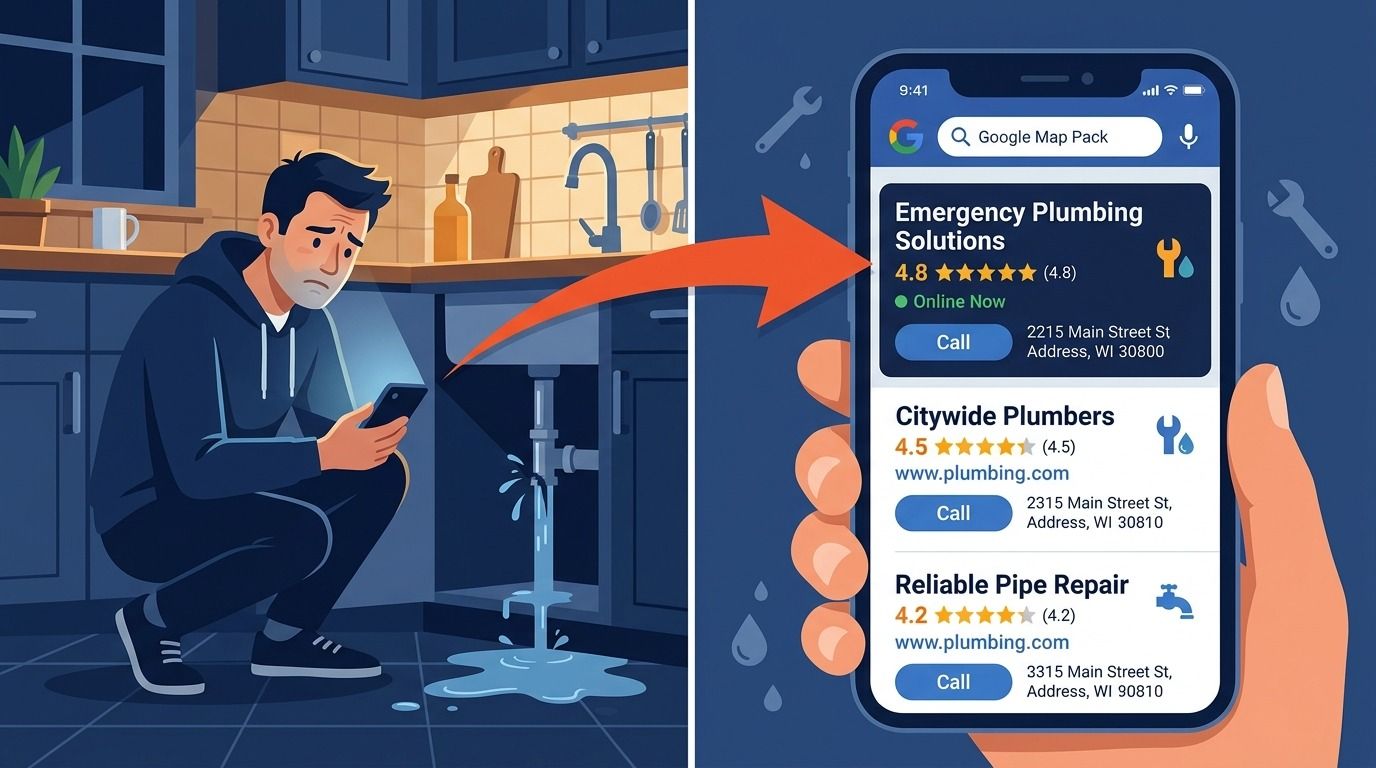 Local SEO for plumbers showing a plumber's Google Map Pack listing with emergency search results