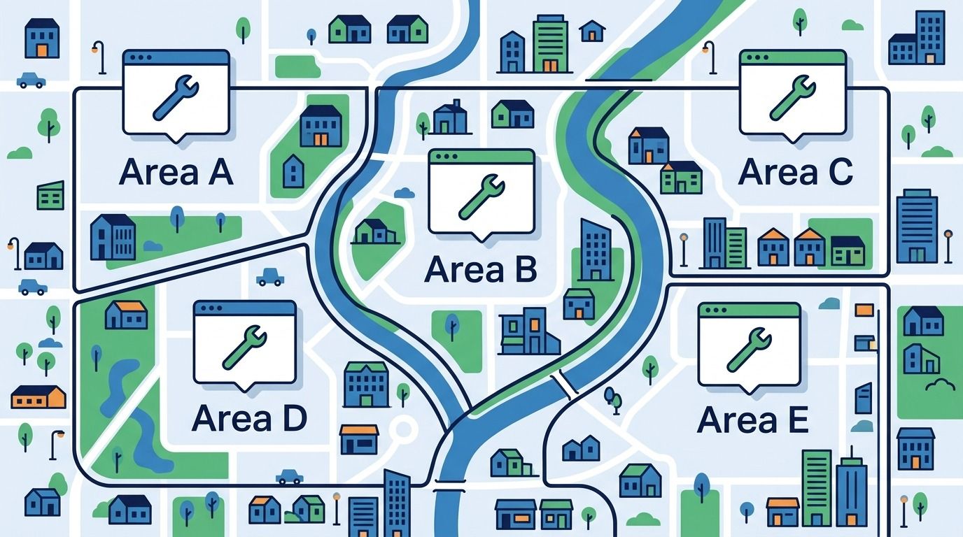 Plumber service area page map showing multiple neighborhood pages linked from a main website