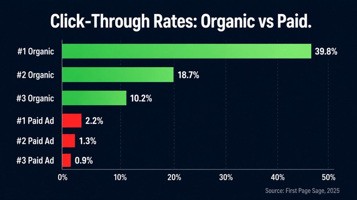 Bar chart comparing organic search click-through rates versus paid ad click-through rates showing organic results get 18 times more clicks