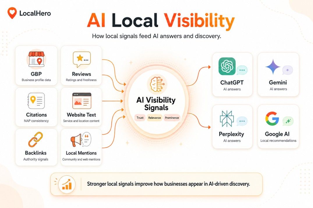 AI local visibility diagram showing GBP, reviews, citations, website text, backlinks, and local mentions feeding ChatGPT, Gemini, Perplexity, and Google AI