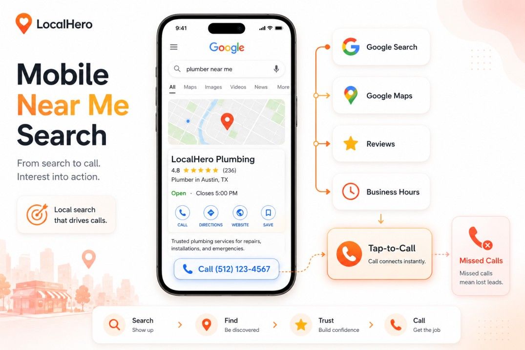 Mobile near me search and tap to call path graphic showing a smartphone, Google Maps result, reviews, business hours, tap-to-call button, and missed call warning