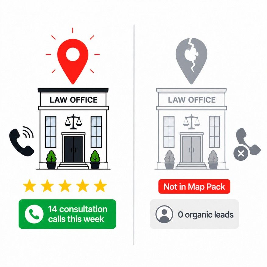 Two identical law firms side by side — one ranked in Google Maps getting calls, the other invisible with zero leads