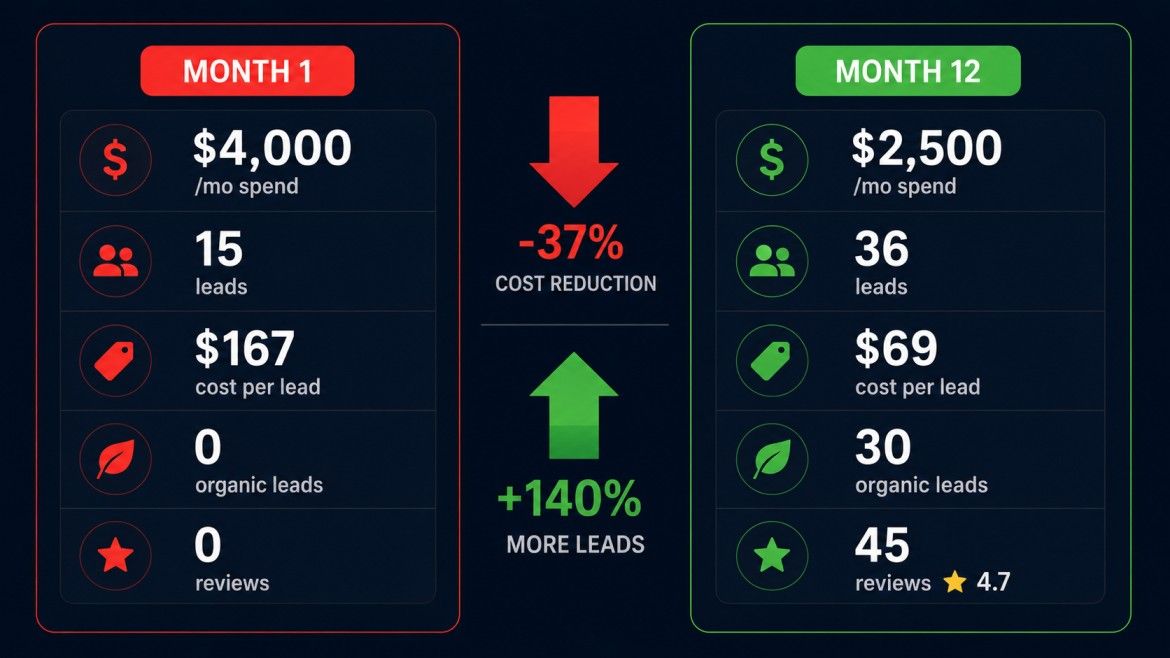 Before and after comparison of plumbing company results showing cost per lead dropping from 167 dollars to 69 dollars over 12 months
