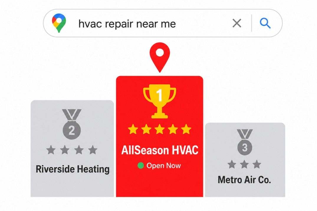 Google Maps local pack podium with AllSeason HVAC in first place above two grey competitor listings
