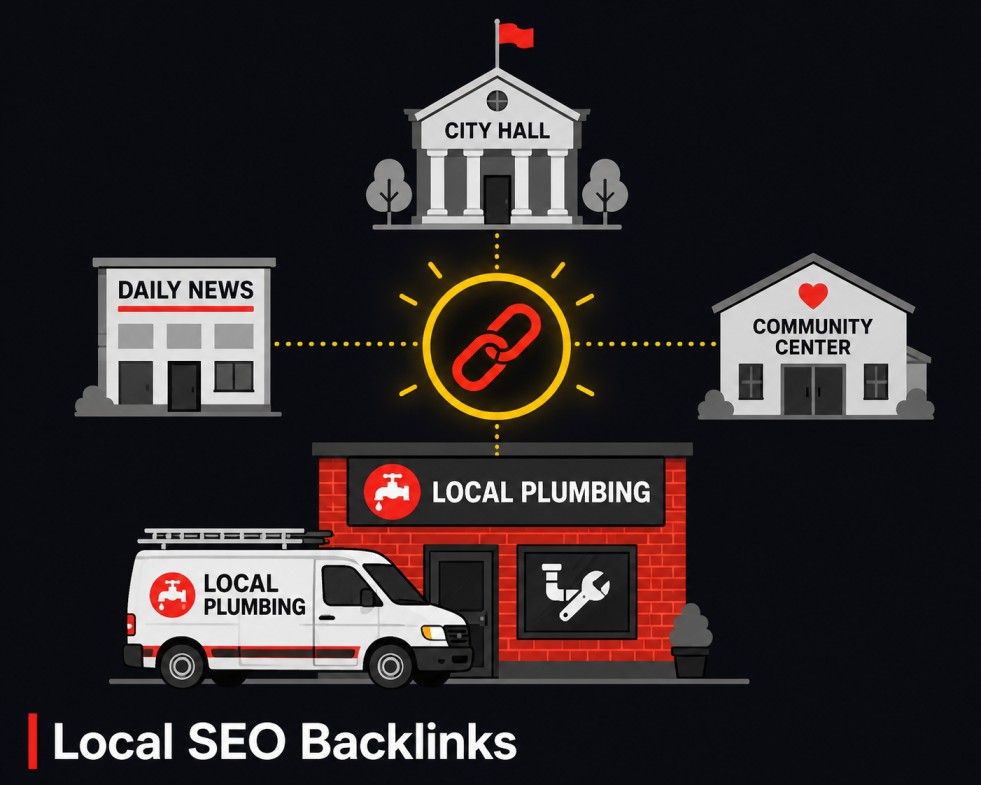 Flat illustration showing local SEO backlinks connecting a small service business to local websites and directories