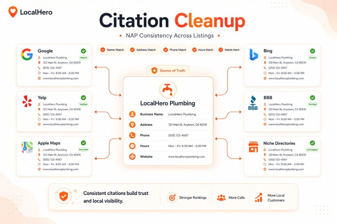 Local citation cleanup graphic showing matching business name, address, phone, hours, and website across Google, Yelp, Apple Maps, Bing, BBB, and niche directories