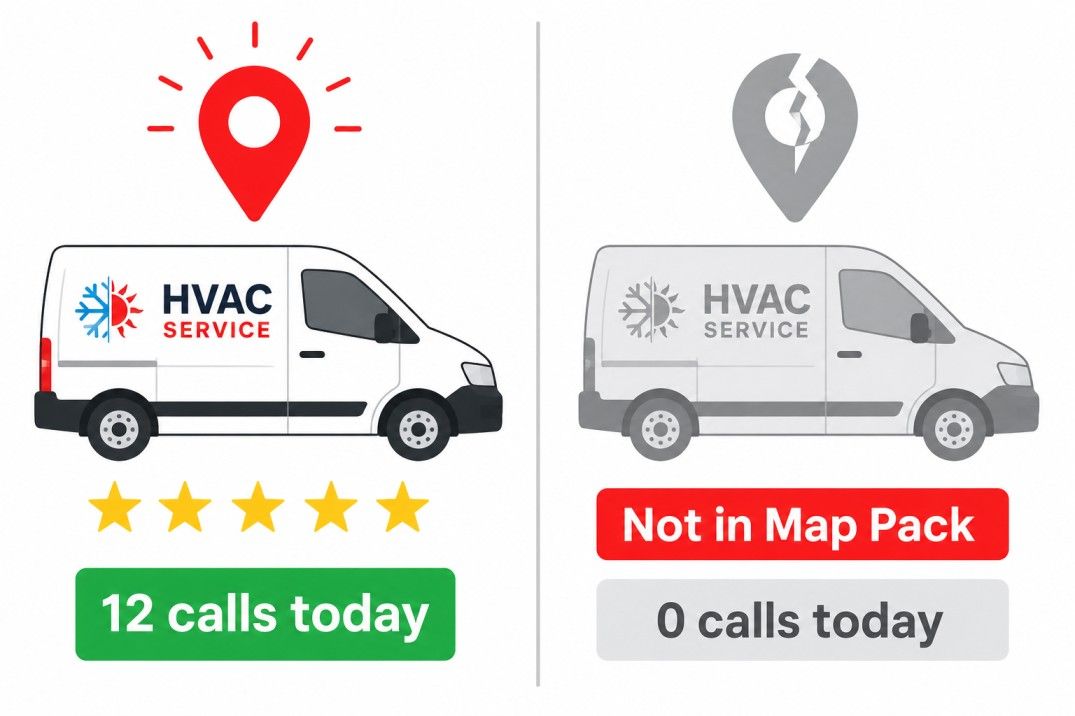 Two HVAC vans side by side — one ranked in Google Maps with 12 calls today, one invisible with zero calls